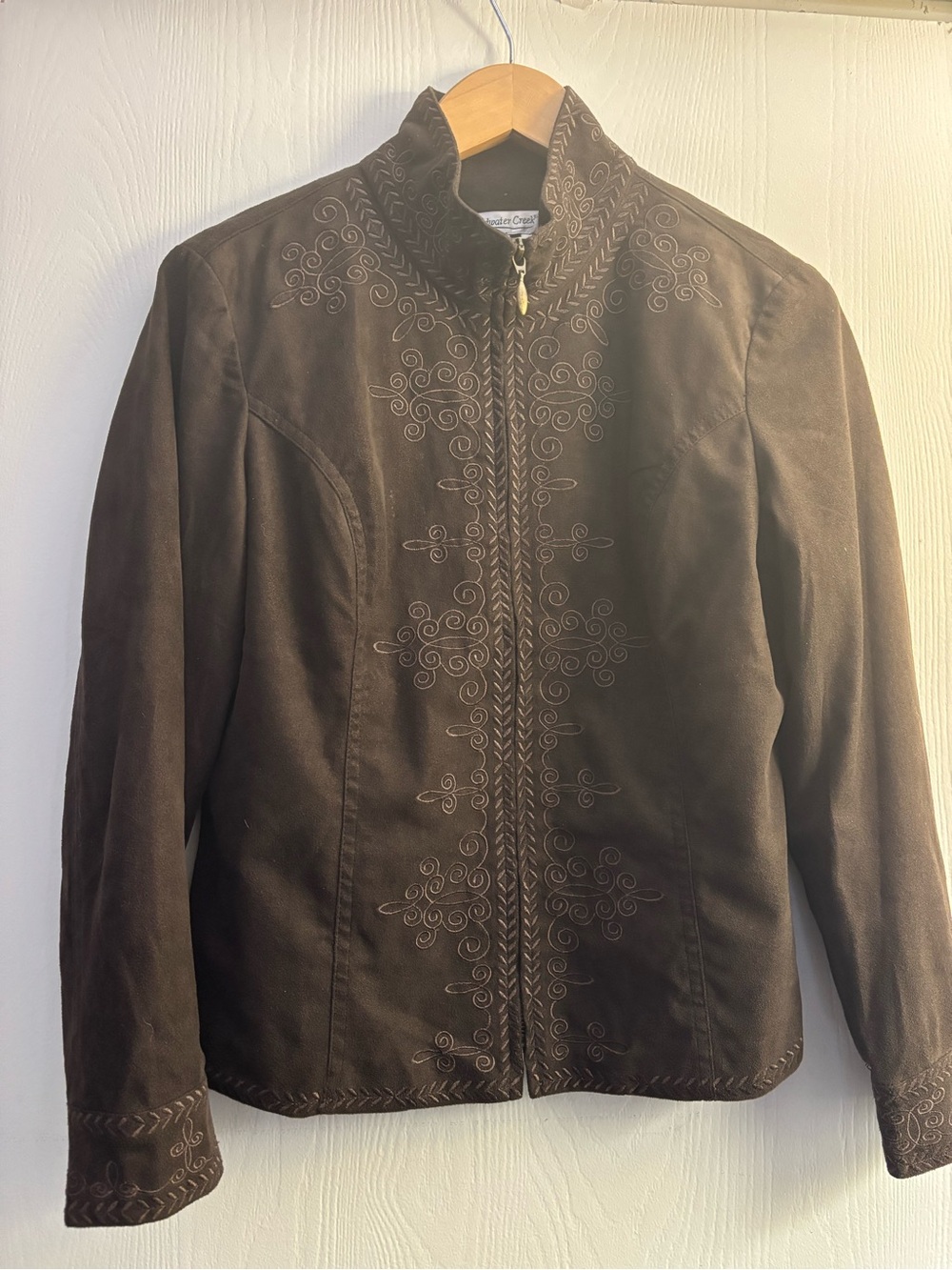 Coldwater Creek Embroidered Brown Suede Jacket - petite small